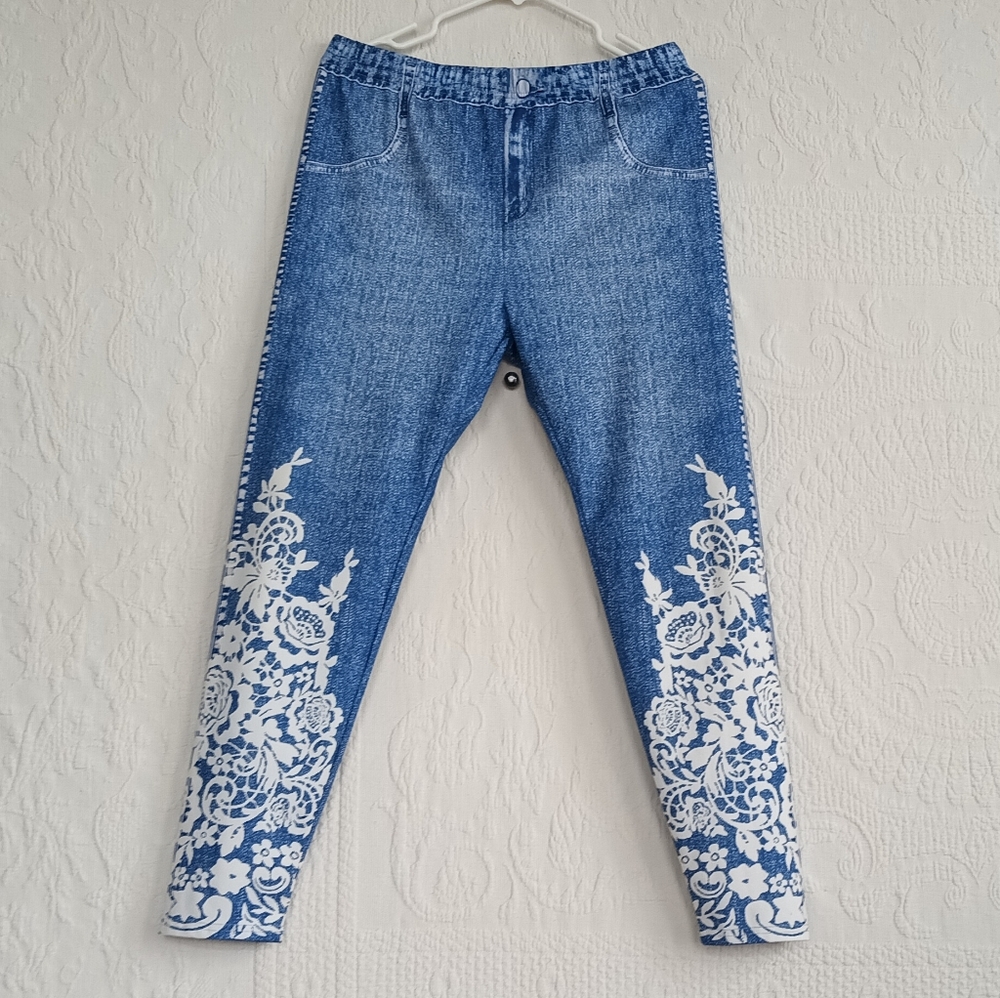 Faux Crochet Jeggings Denim Look Legging Floral Stretchy Casual Plus Bohemian 1X - Picture 2 of 11